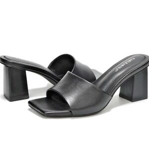 CarlKarida Women's 6 Black Block Heel Sandals Open Toe Mules Chunky Casual Dress